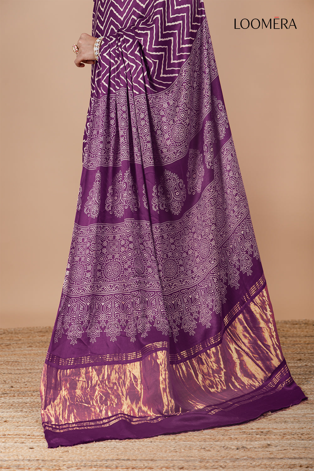 Modal Silk Mulberry Purple Saree with Hand Block Print