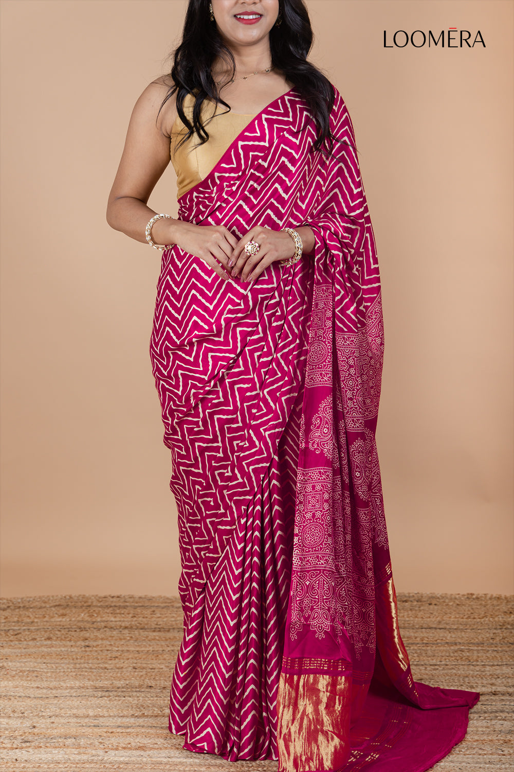 Modal Silk Purple Ajrakh Saree