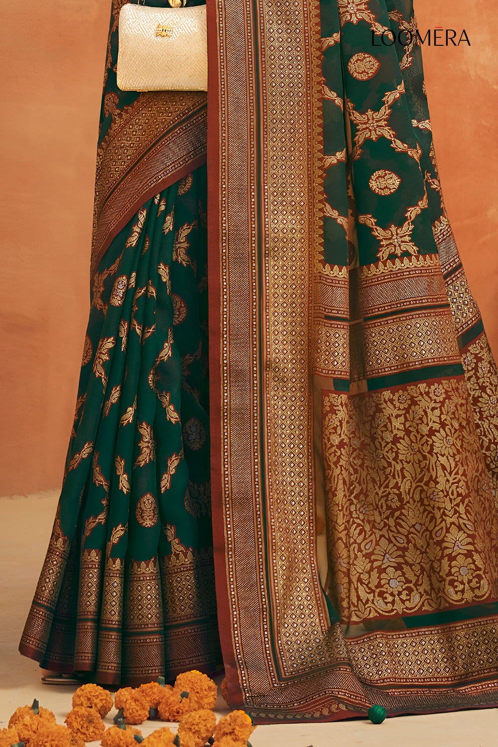 Moss Green Saree With Gold Foil Print