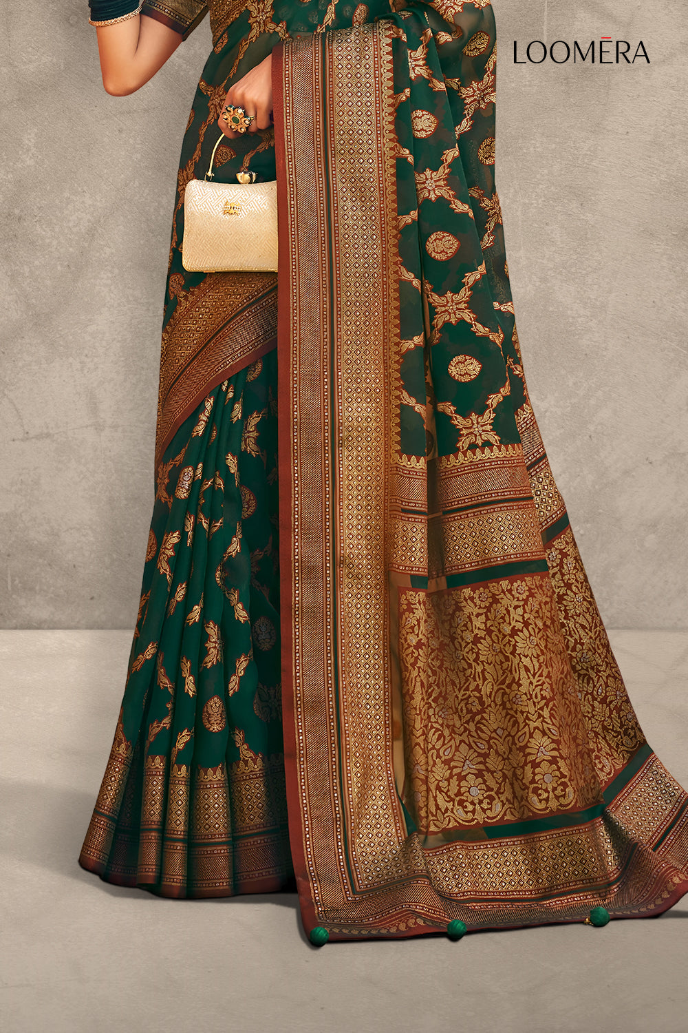Moss Green Saree with Gold Foil Print