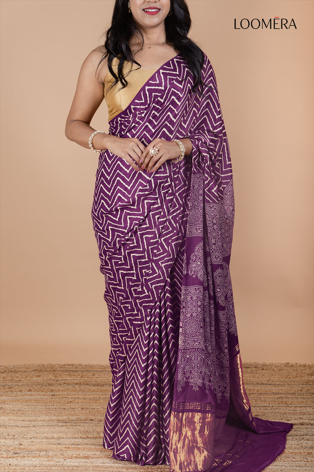 Mulberry Purple Hand Block Print Saree