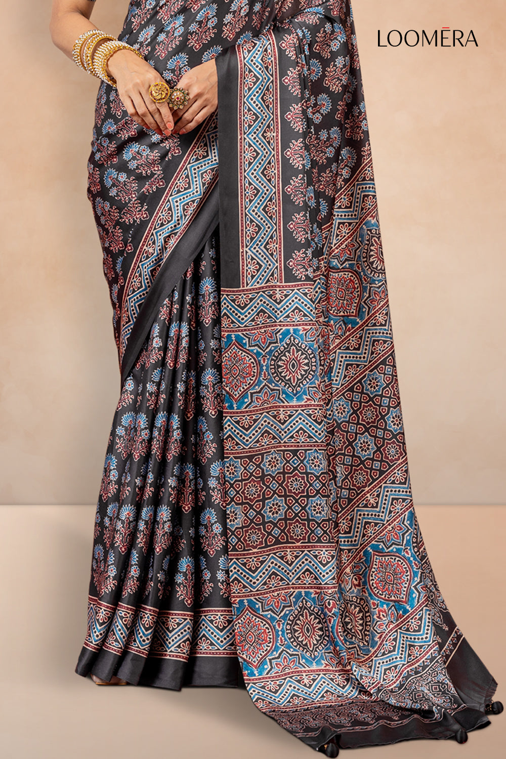 Multicolor Print Black Gajji Silk Saree