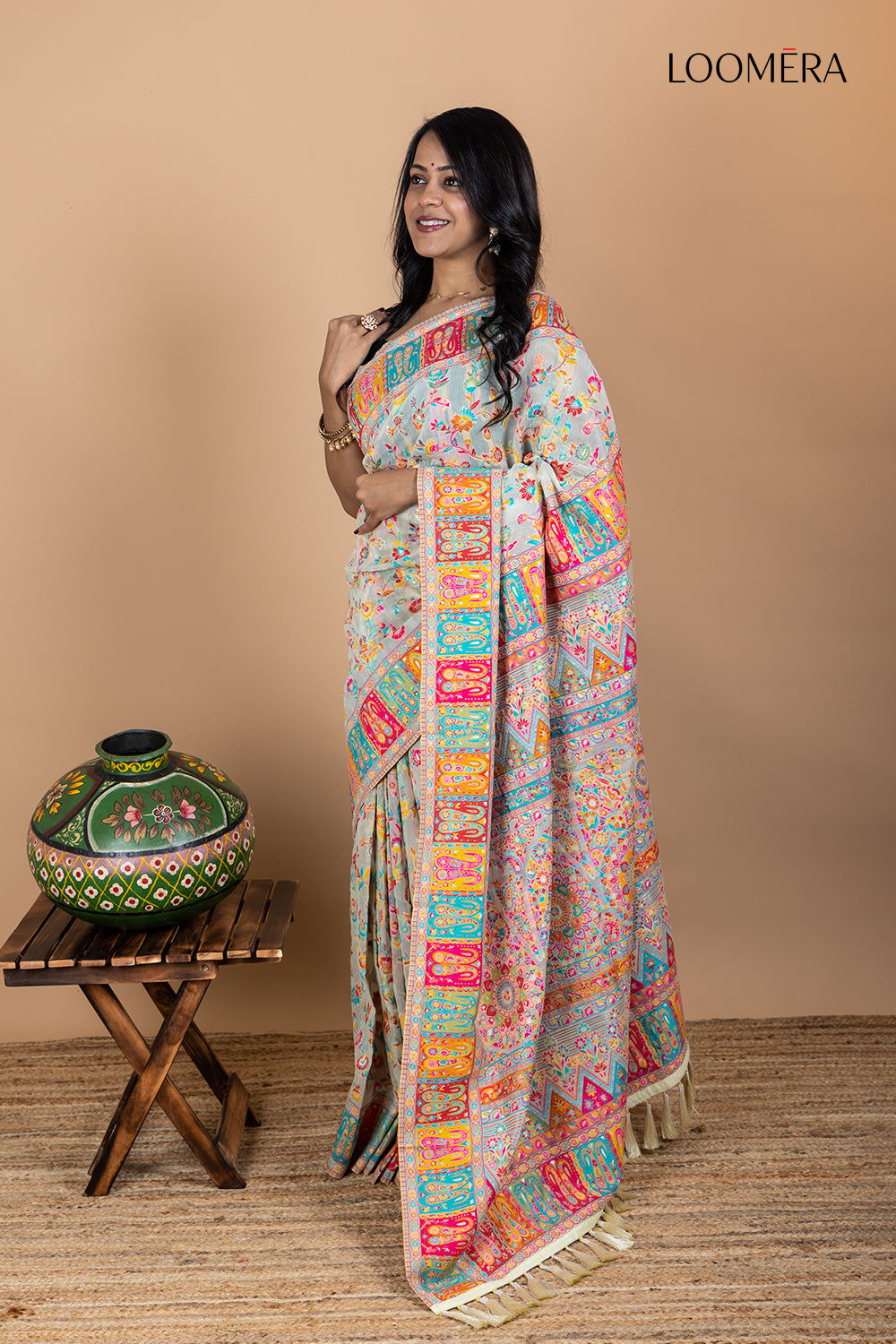 Multicolor Saree with Pashmina Work