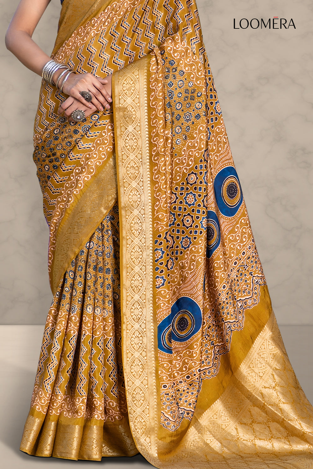 Mustard Yellow Ajrakh Printed Jari Saree