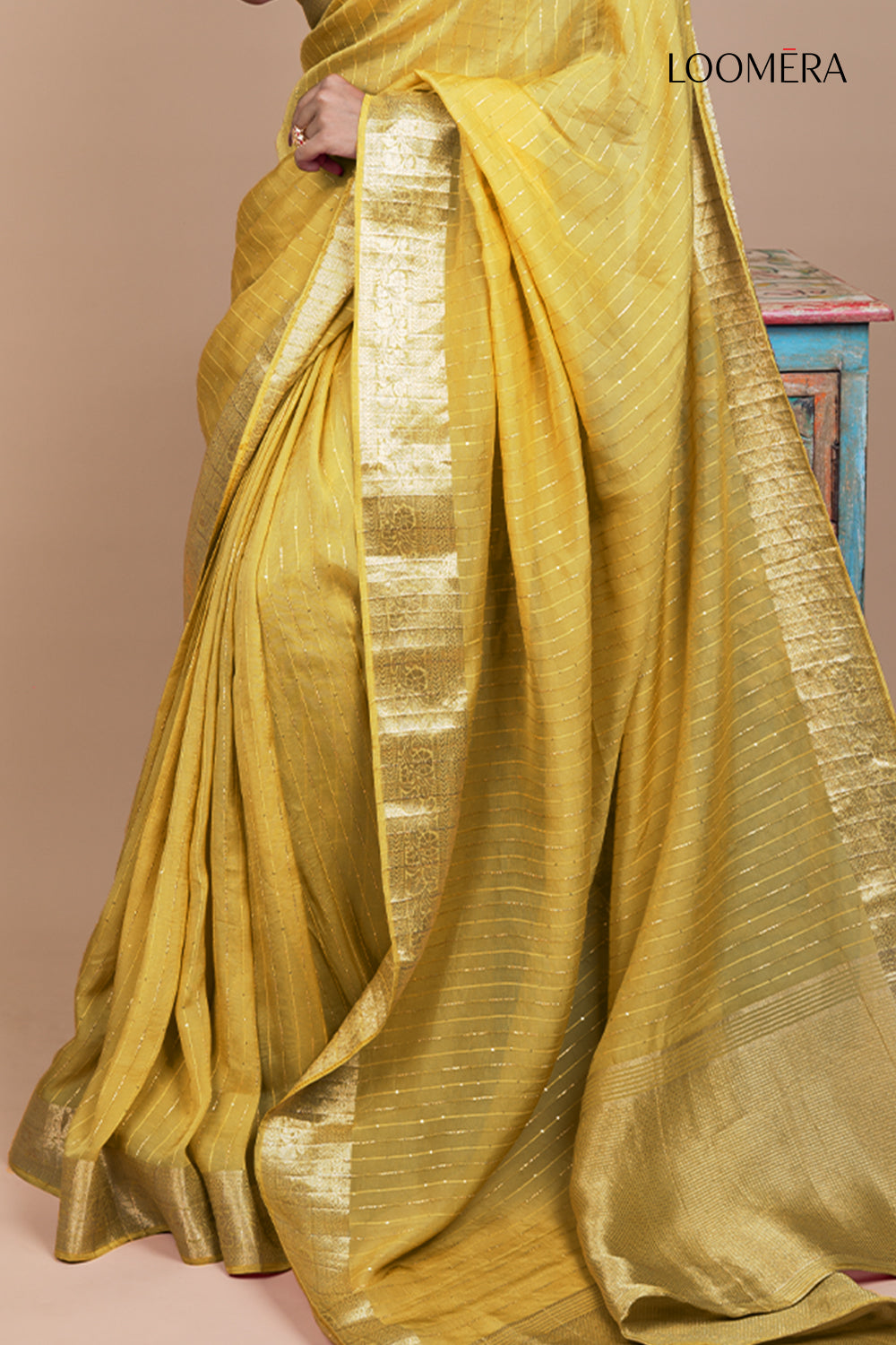 Mustard Yellow Floral Zari Border Saree