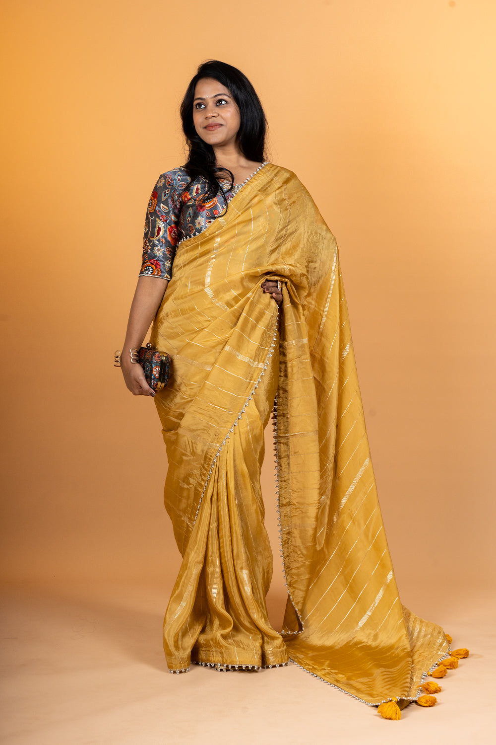 Mustard Yellow Satin Silk  Saree With Embroidered Border