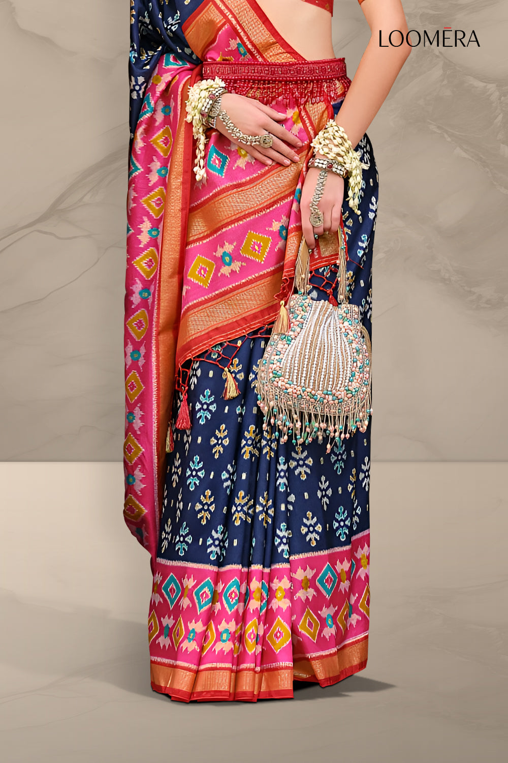 Navy Blue Patola Print Saree