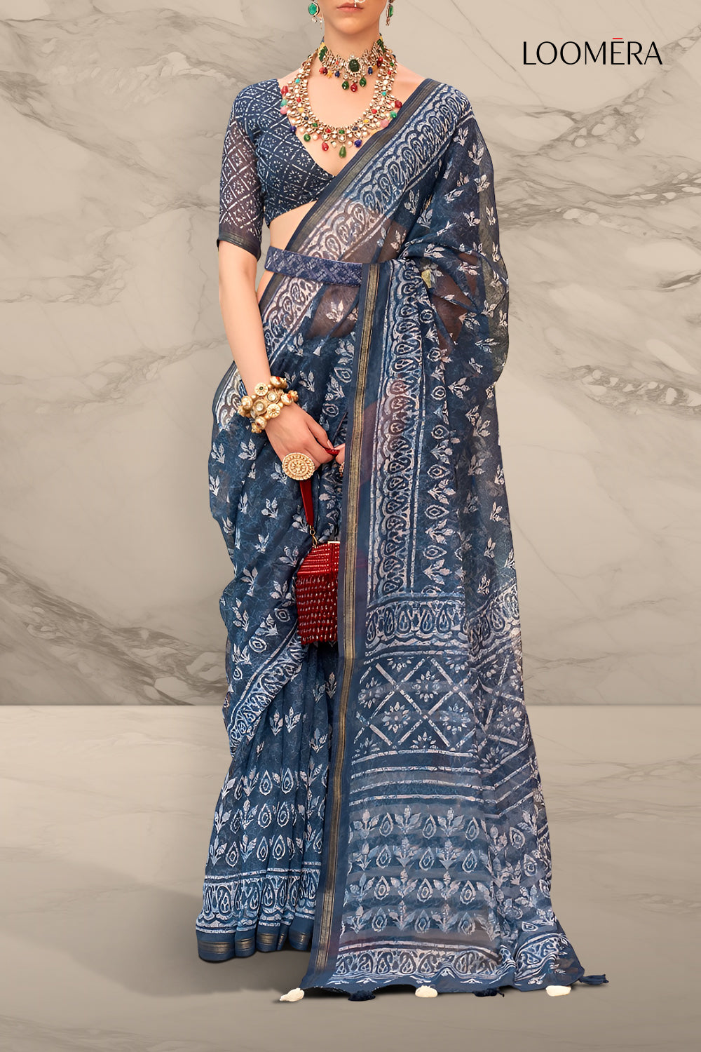 Navy Blue Printed Cotton Saree