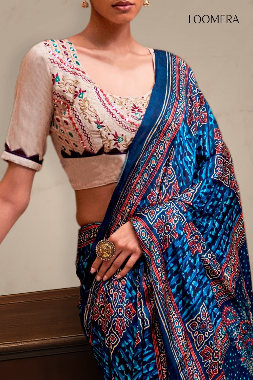 Ocean Blue Saree with Embroidered Blouse Piece