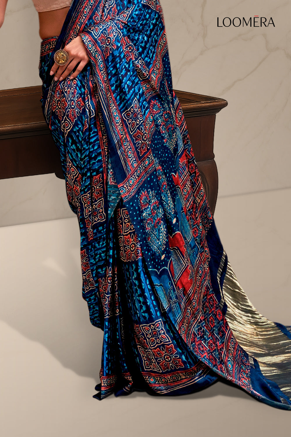 Ocean Blue Saree with Khadi Blouse Piece