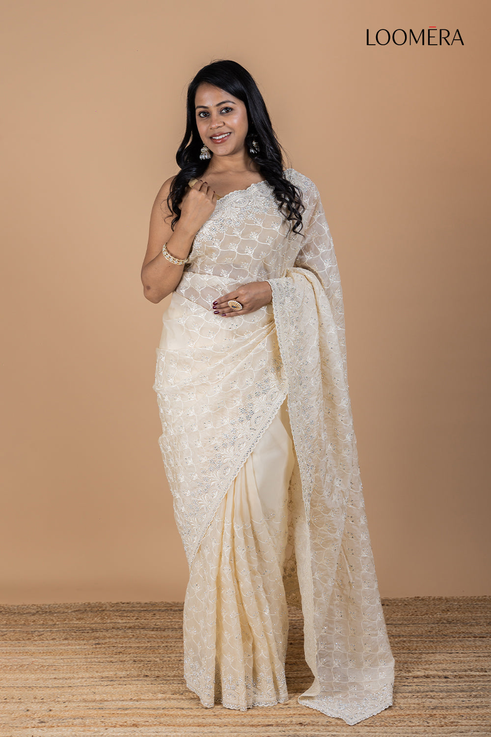 Off White Organza Saree with Thread Embellishment
