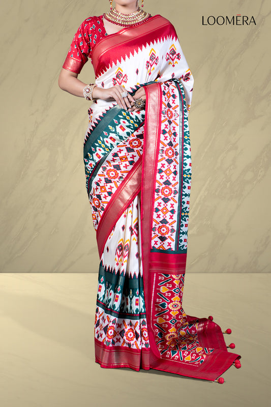 Off White Patola Print Saree with Crimson Red Border