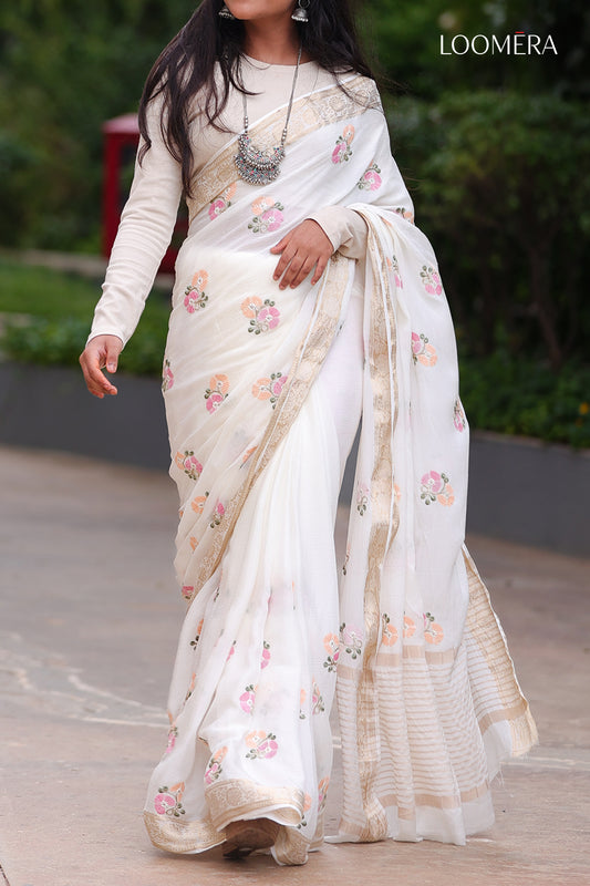 Off White Saree with Floral Embroidery