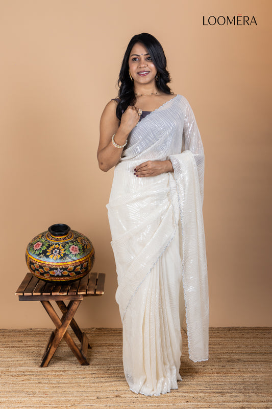 Off White Shimmer Chiffon Saree