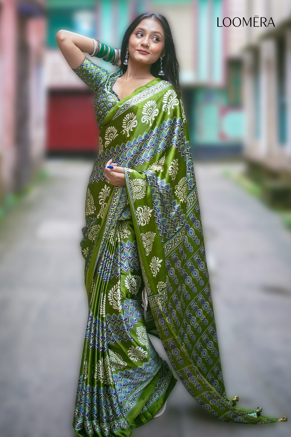 Olive Green Modal Silk Saree with Ajrakh Prints