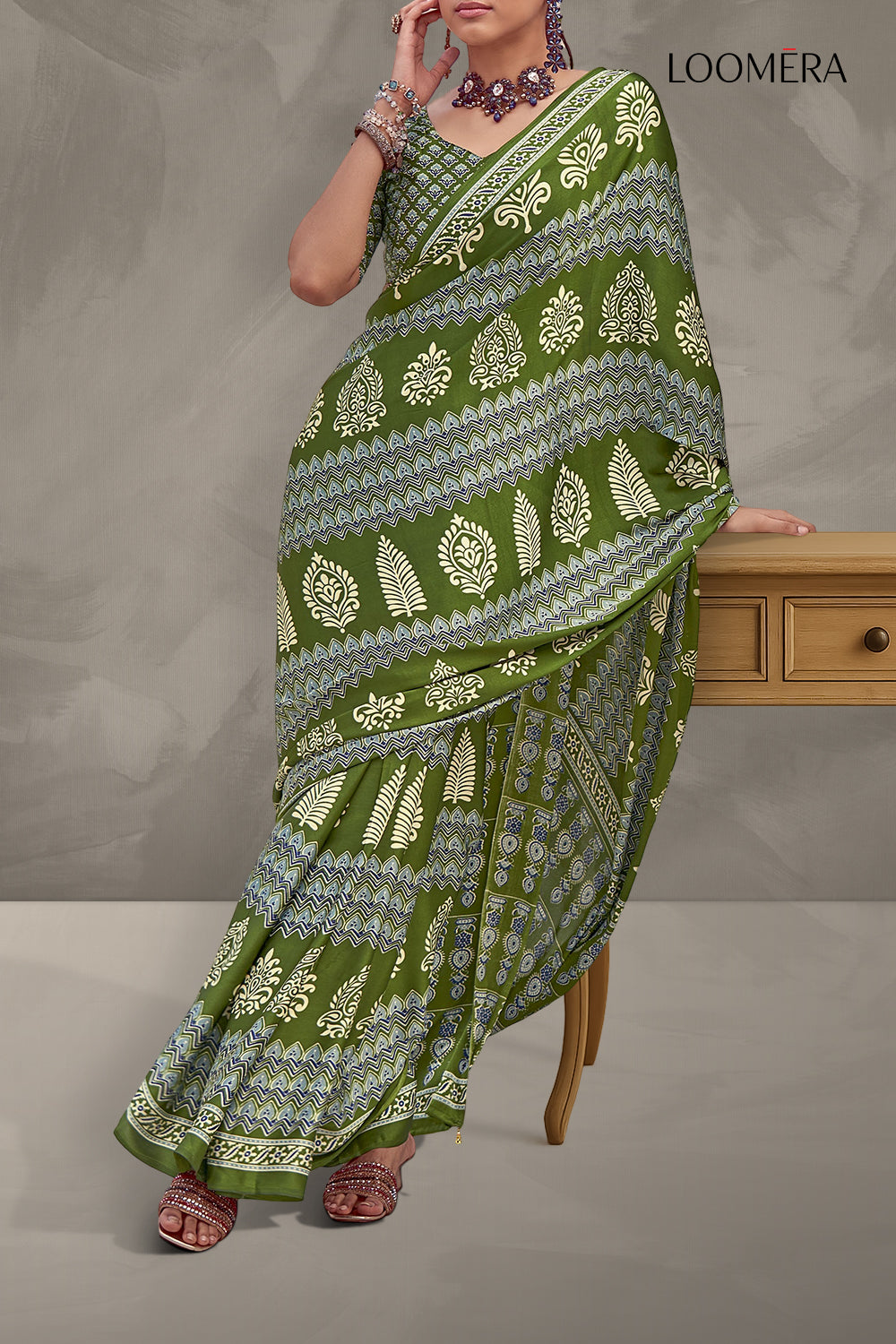 Olive Green Soft Modal Silk Saree with Ajrakh Prints