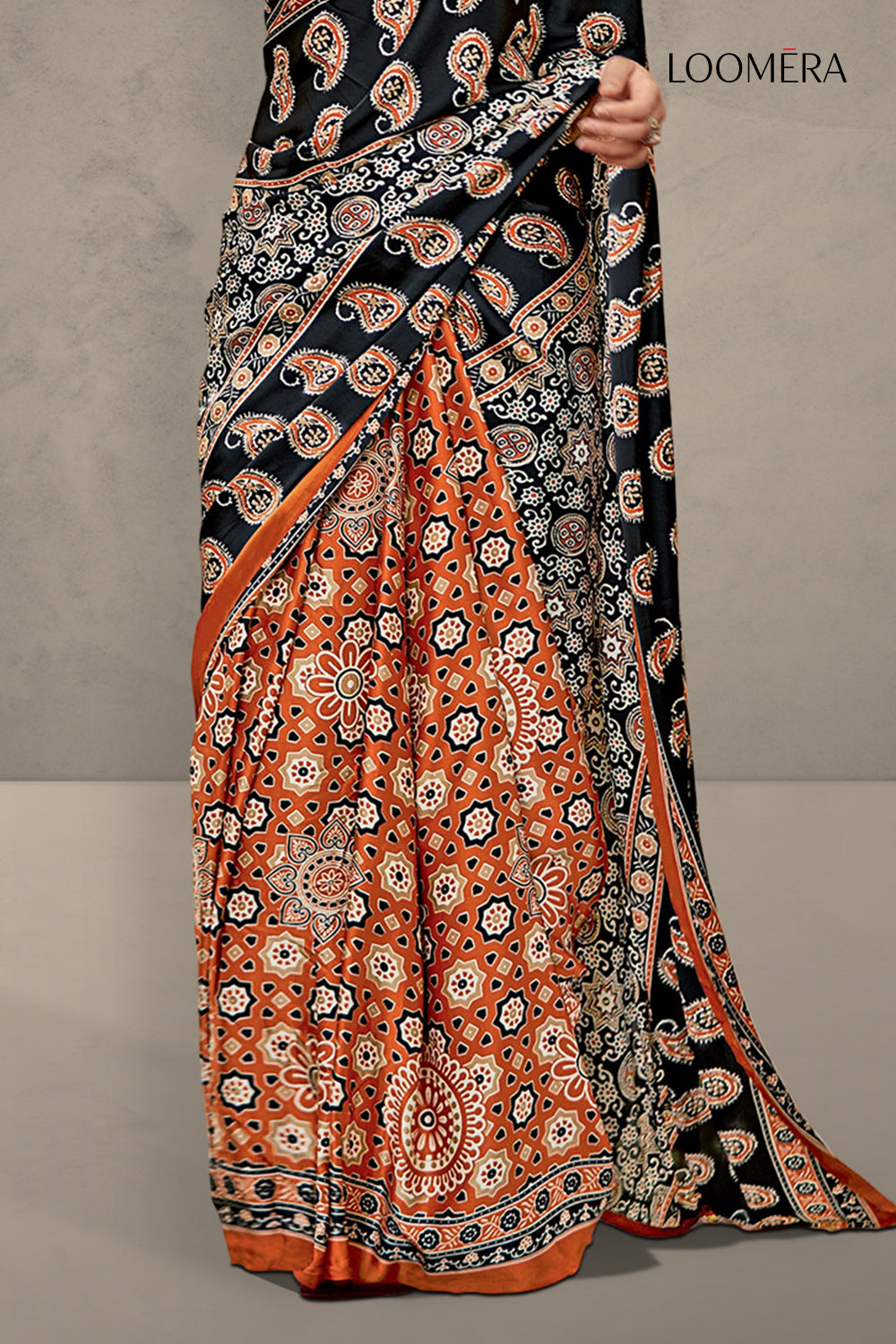 Orange and Black Ajrakh Print Saree