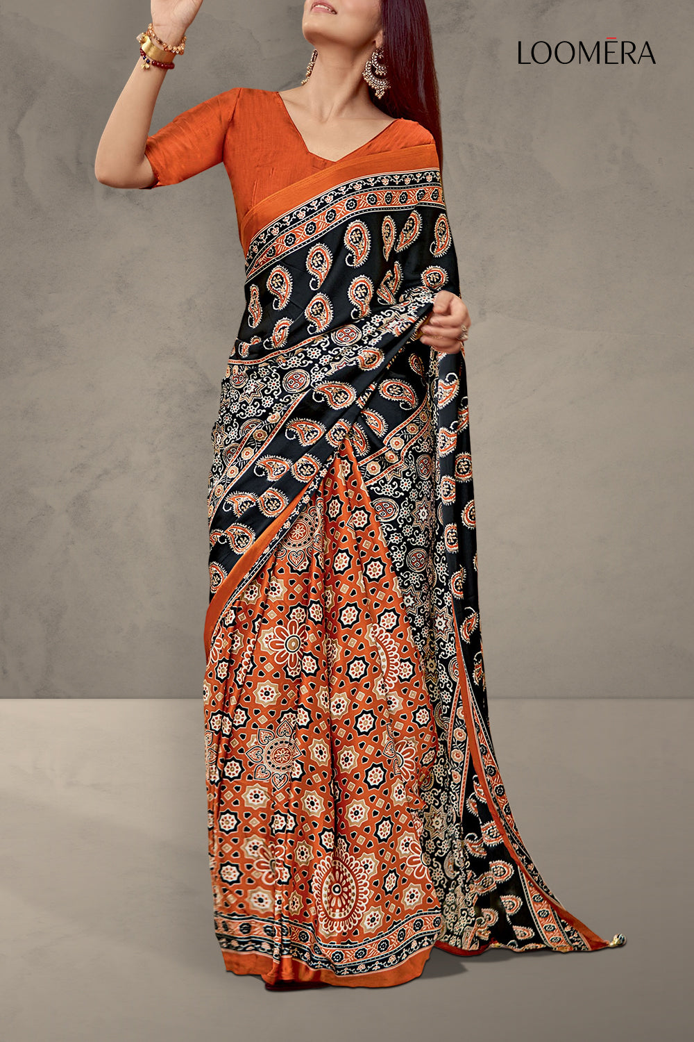 Orange and Black Soft Modal Silk Saree