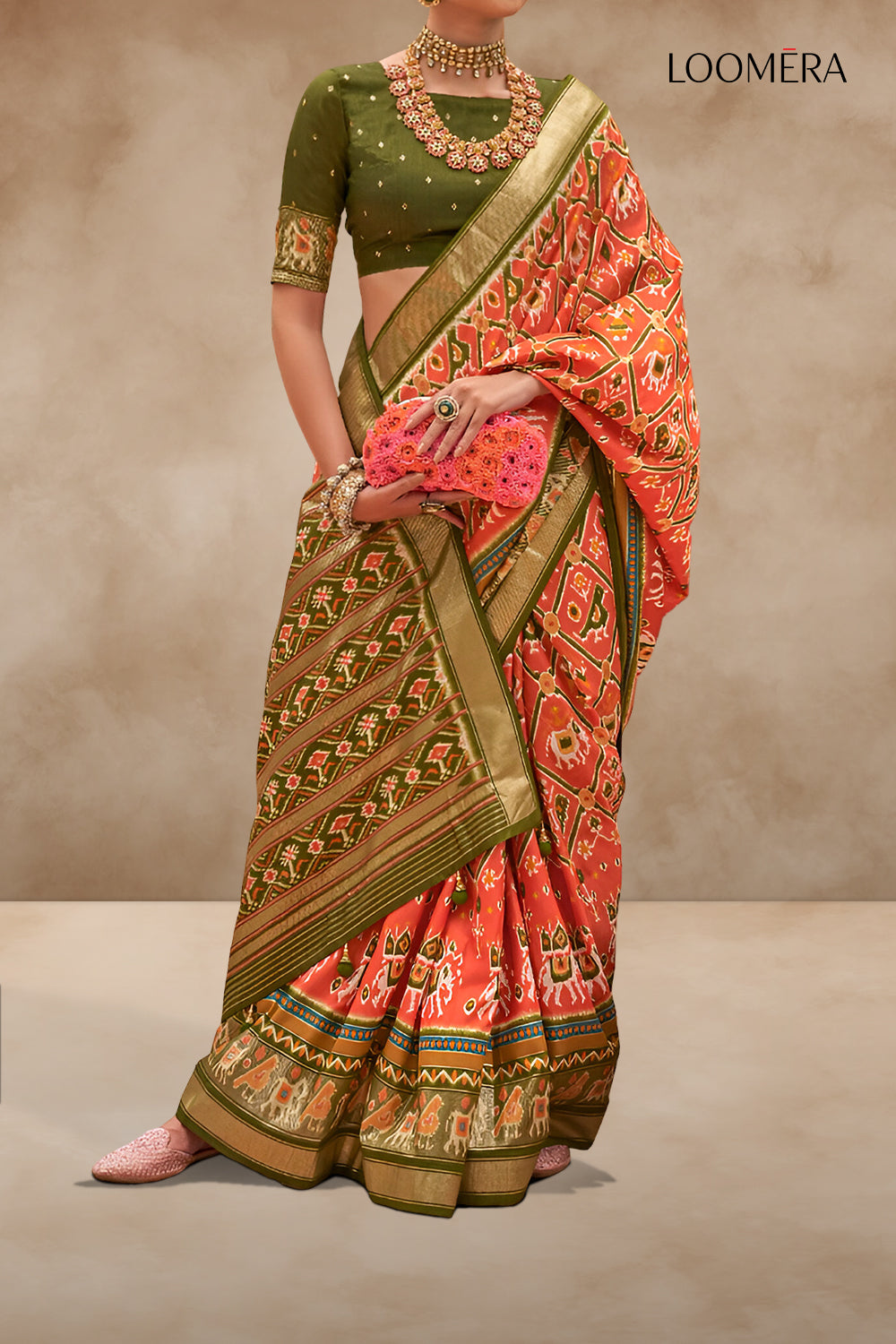 Orange and Green Patola Print Saree