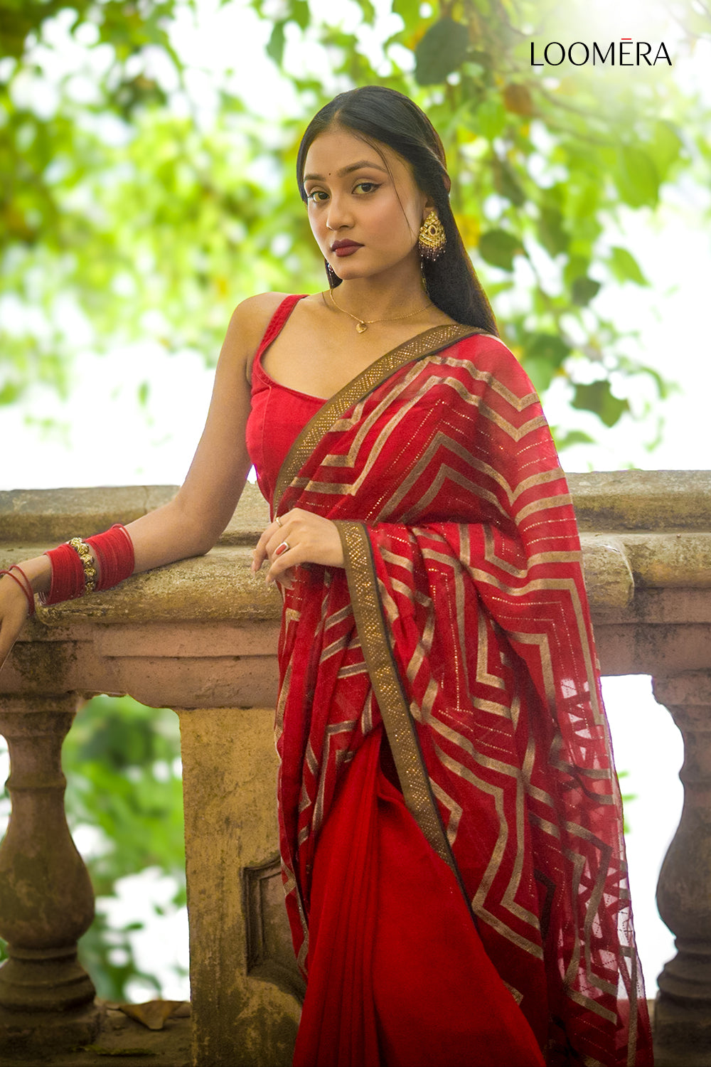 Organza Red Saree with Zig Zag Pattern
