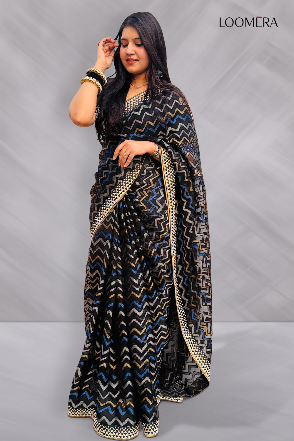 Organza Saree Black with Stone Border