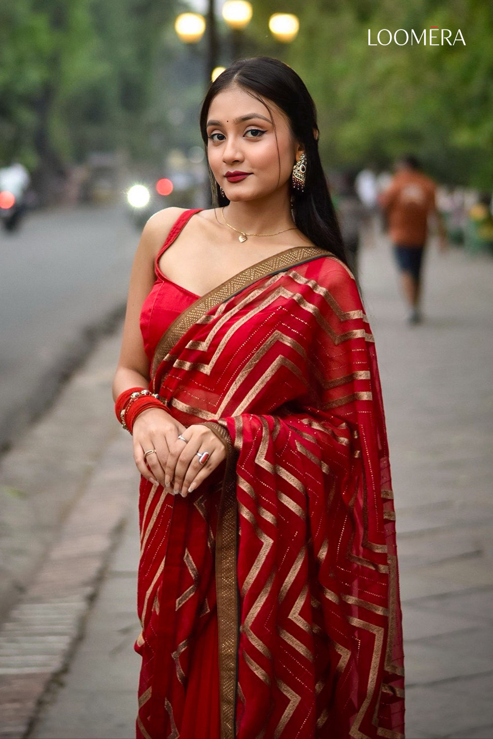 Organza Saree with Embellished Border Red