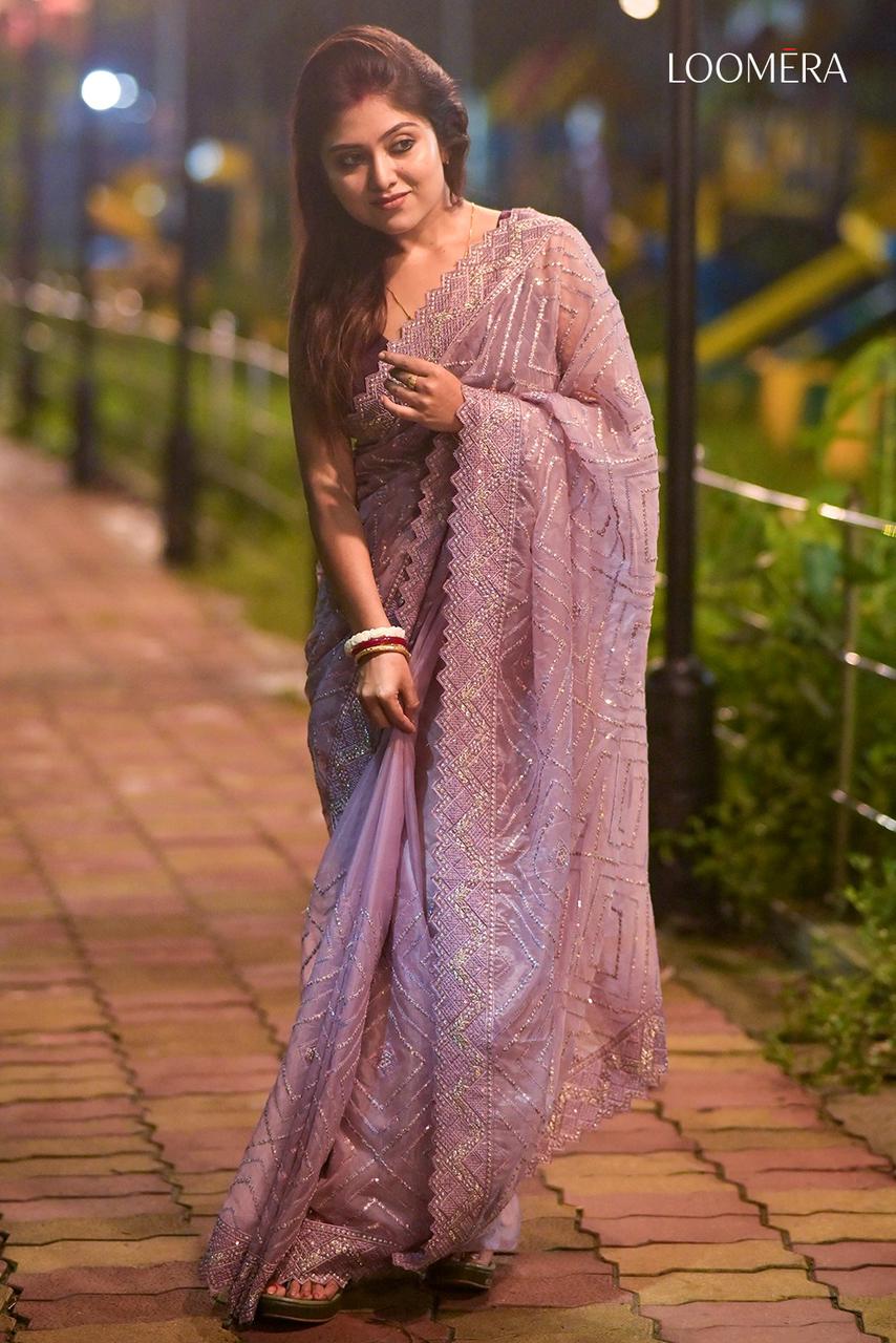 Organza Saree with Thread and Sequin Work Lavender