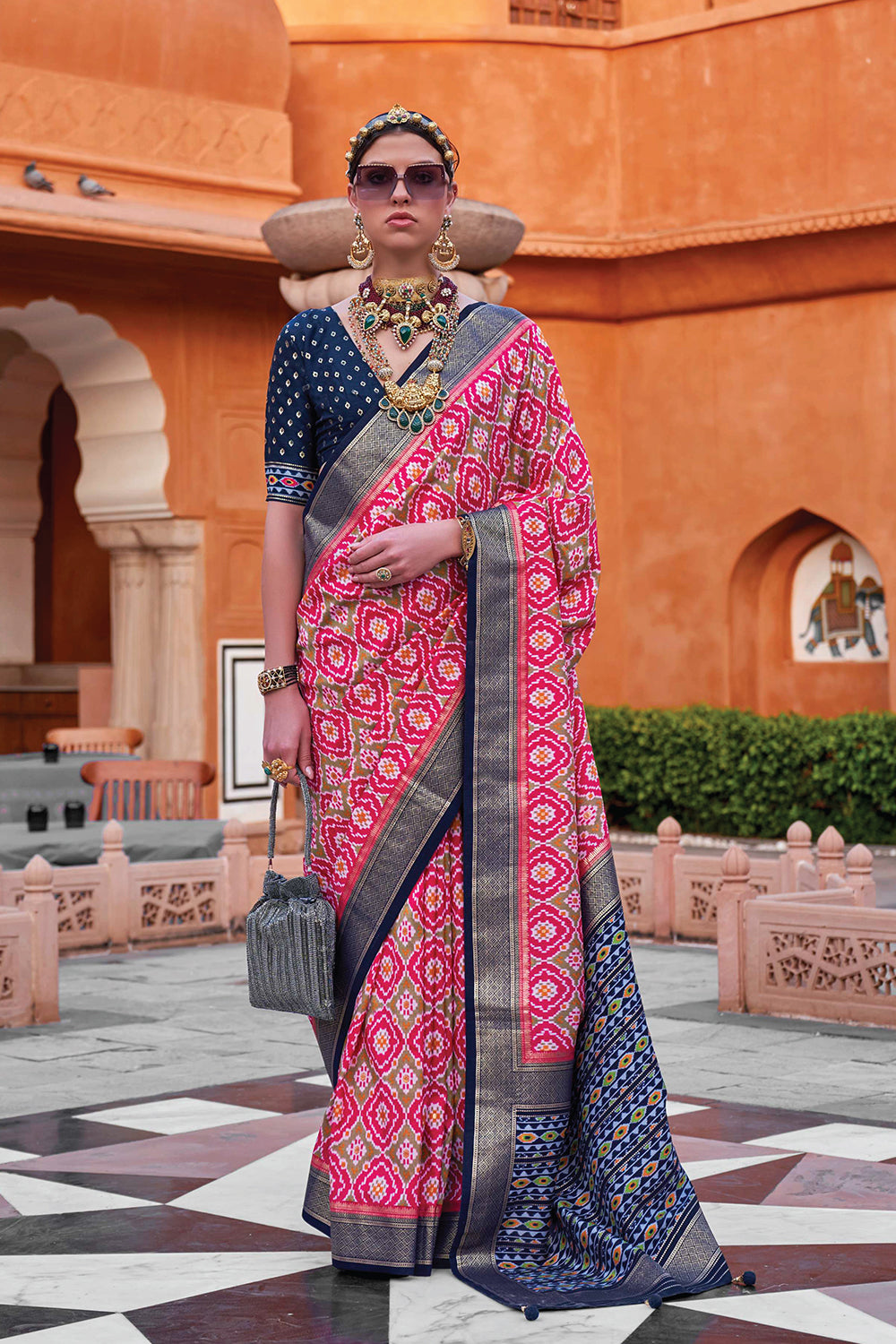 Pink and Blue Viscose Silk Saree