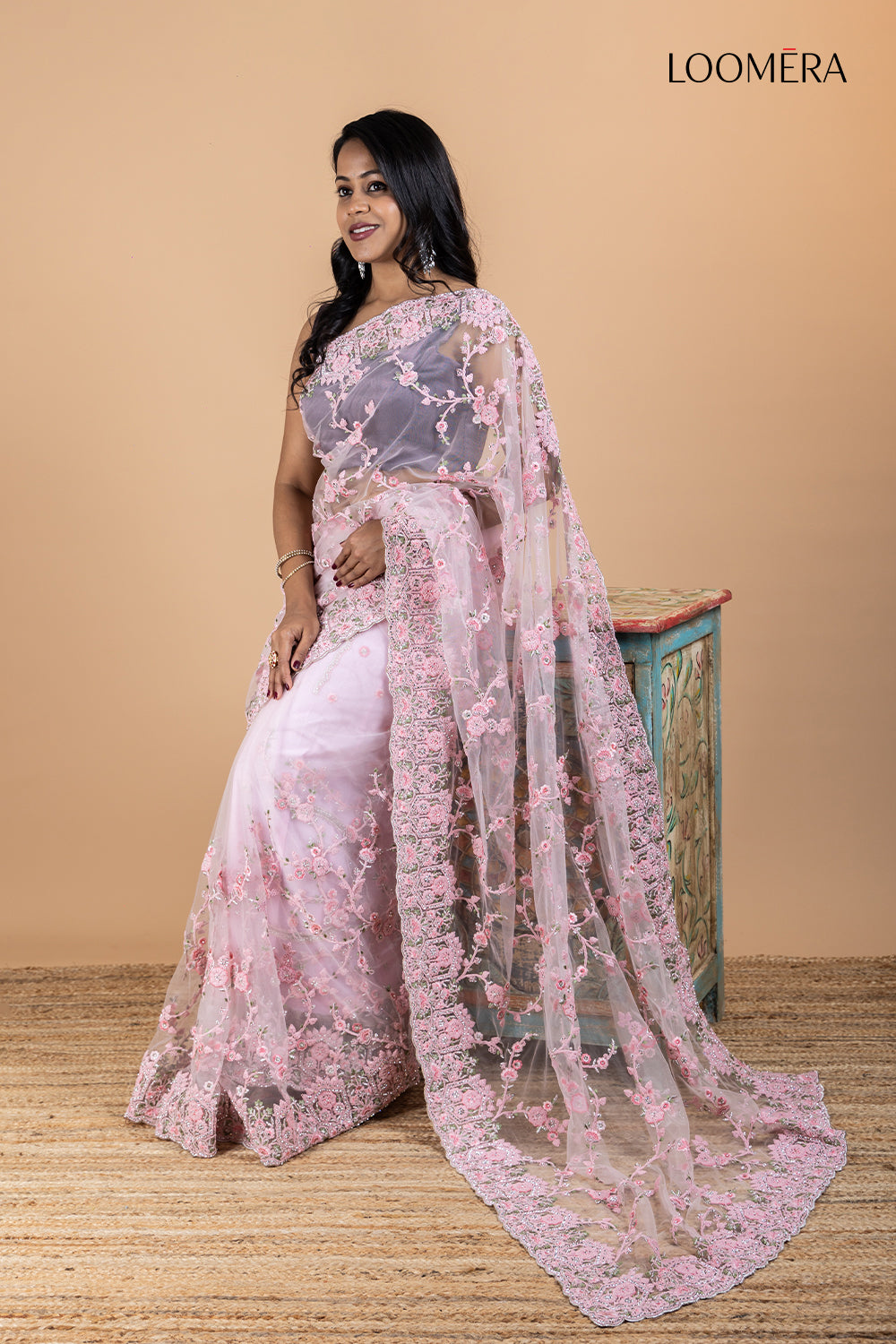 Pink Organza Saree with Heavy Threadwork