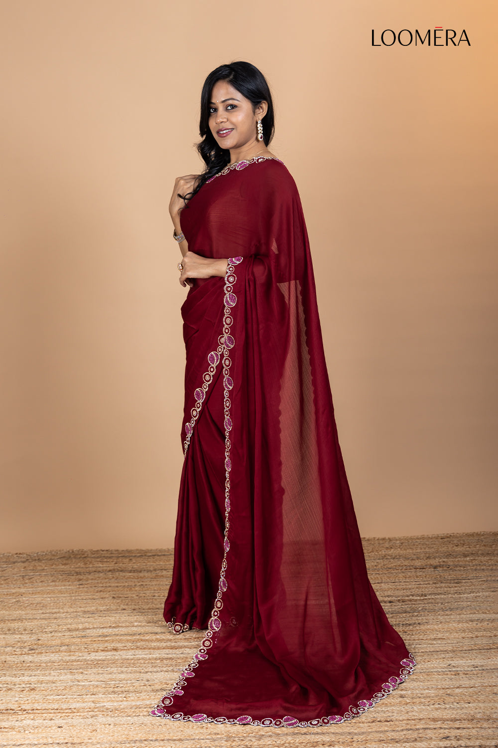 Plain Saree with Stone Border Rustic Red