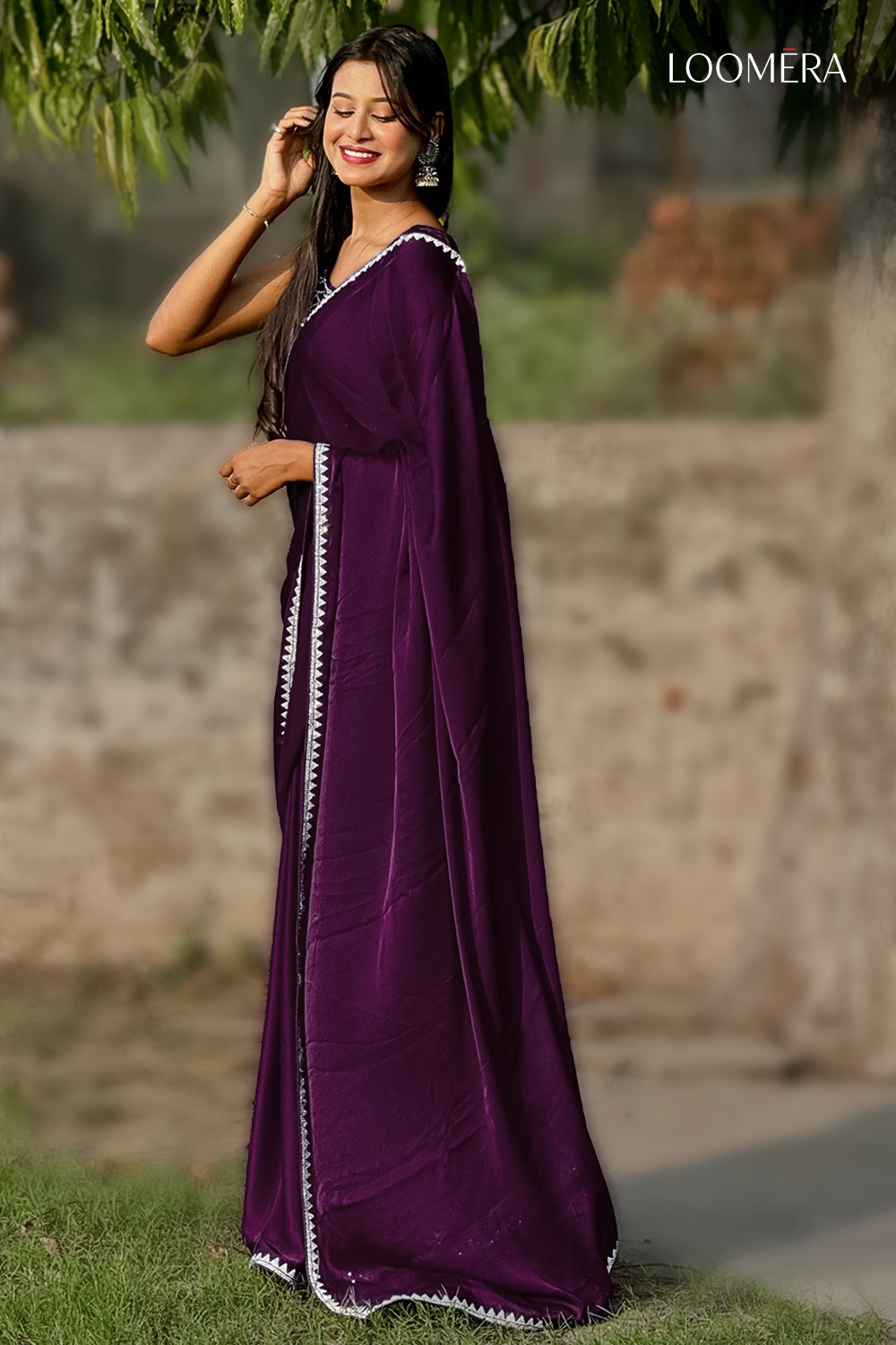 Plum Purple Satin Saree with Stone Work