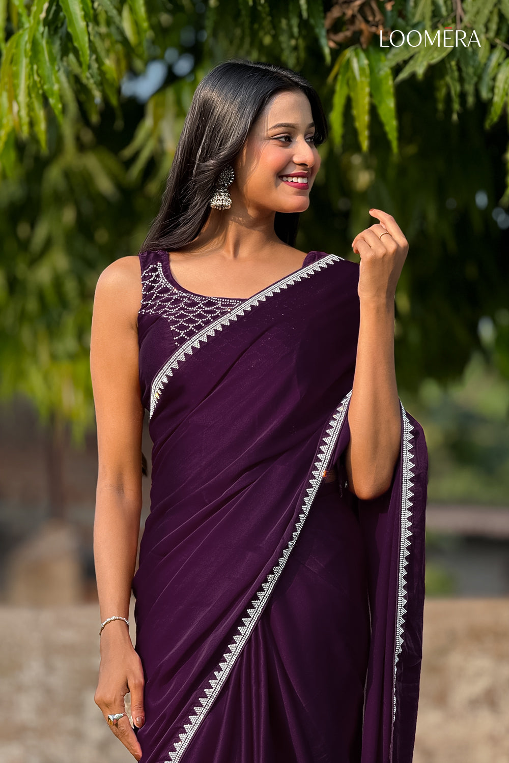 Plum Purple Satin Saree with Blouse Piece