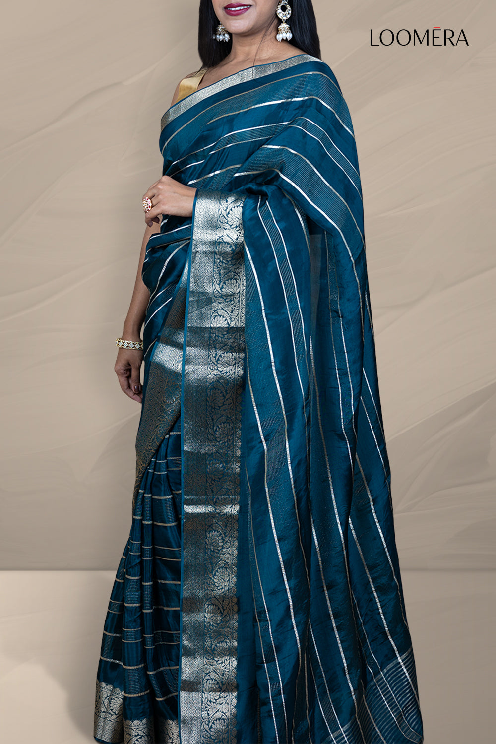 Prussian Blue Saree with Floral Zari Border
