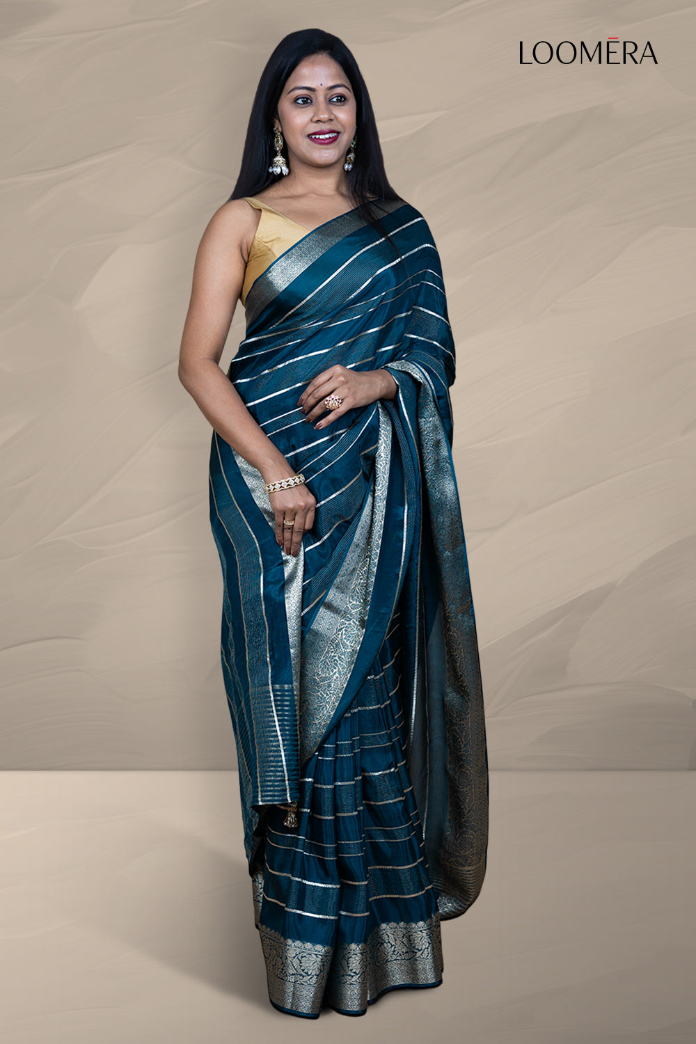 Prussian Blue Saree with Silver Zari