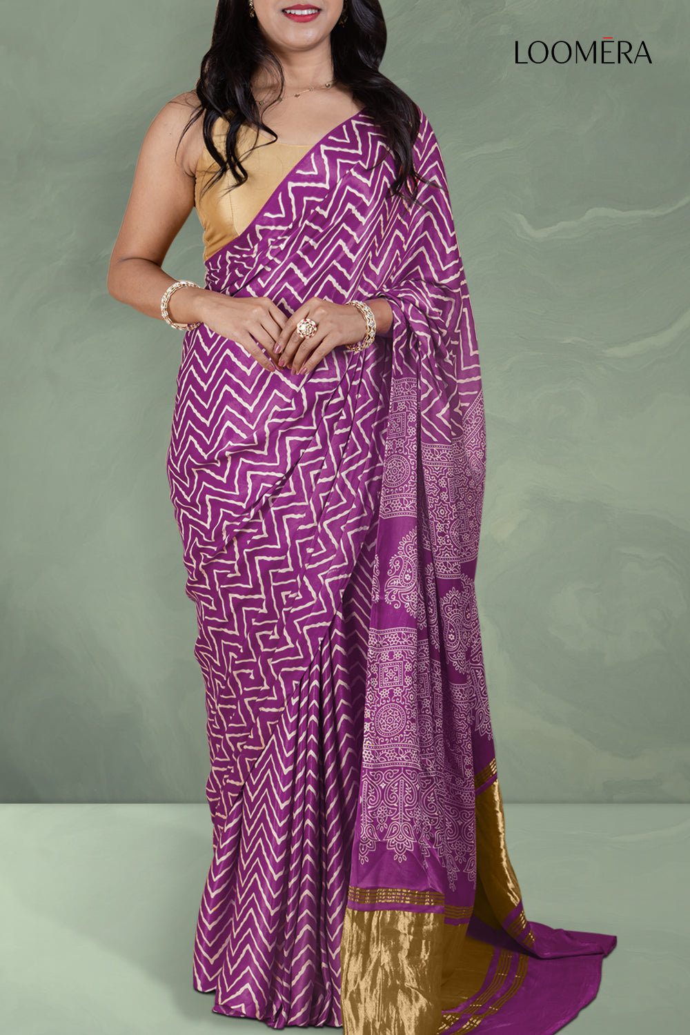 Purple Ajrakh Saree Block Print