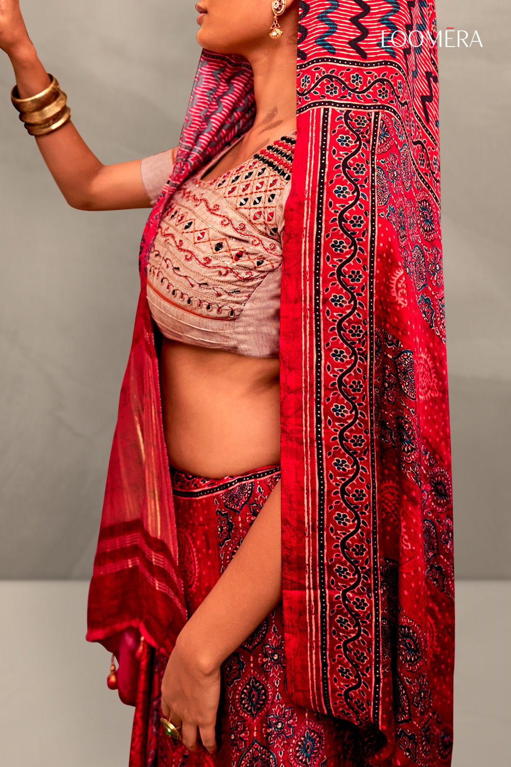 Red Ajrakh Design Saree