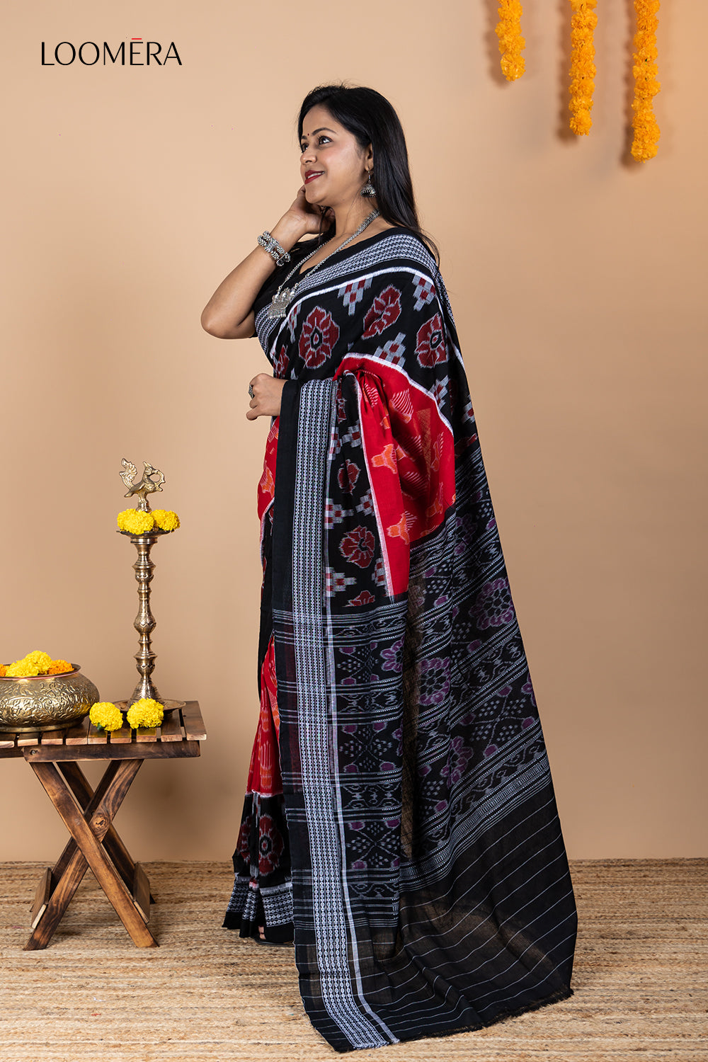 Red and Black Sambalpuri Cotton Saree