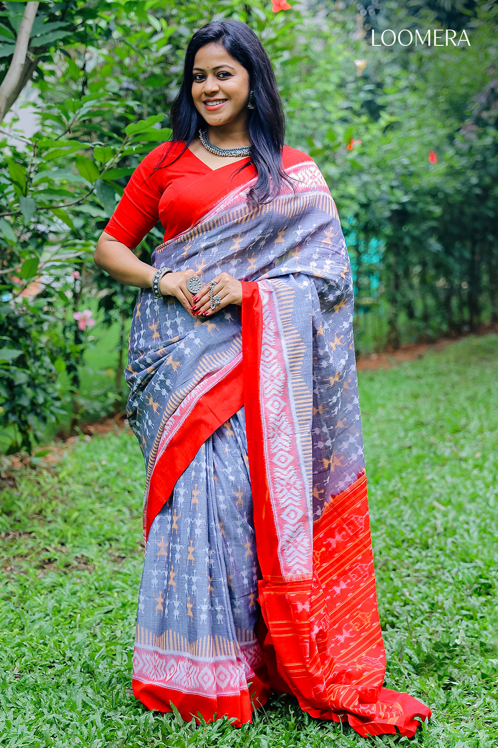 Red and Light Blue Handloom Saree