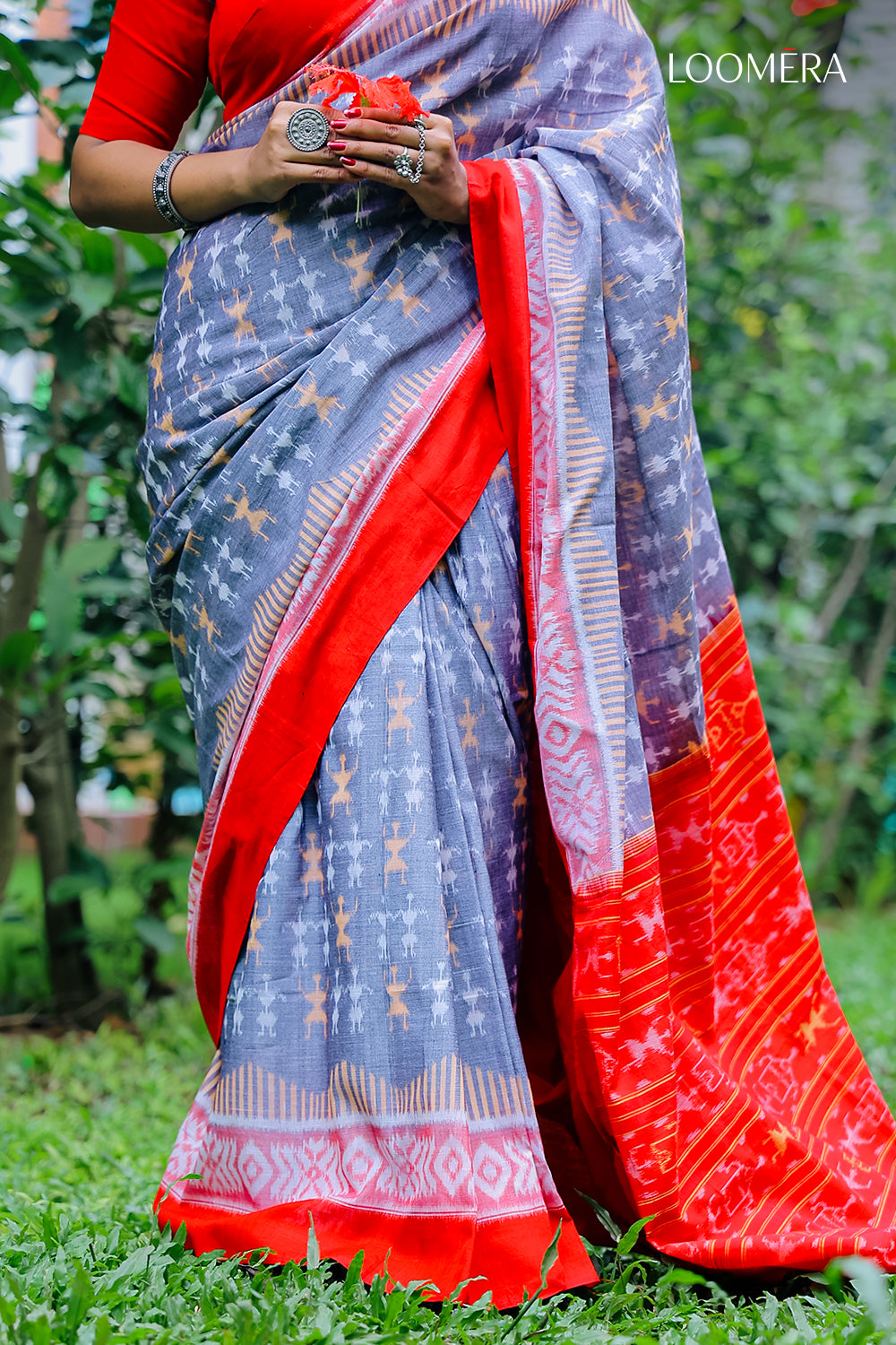 Red and Light Blue Ikat Saree