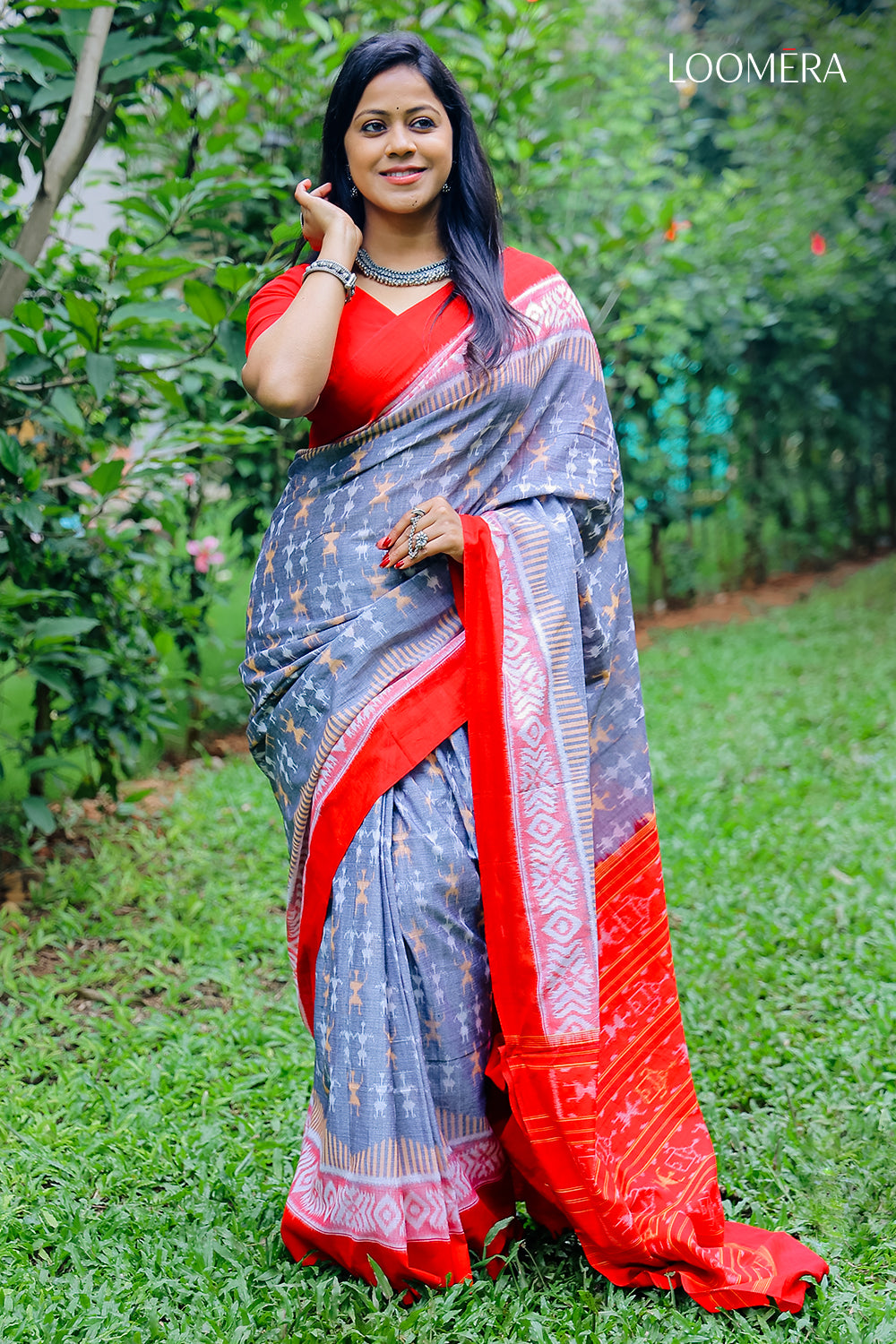 Red and Light Blue Saree