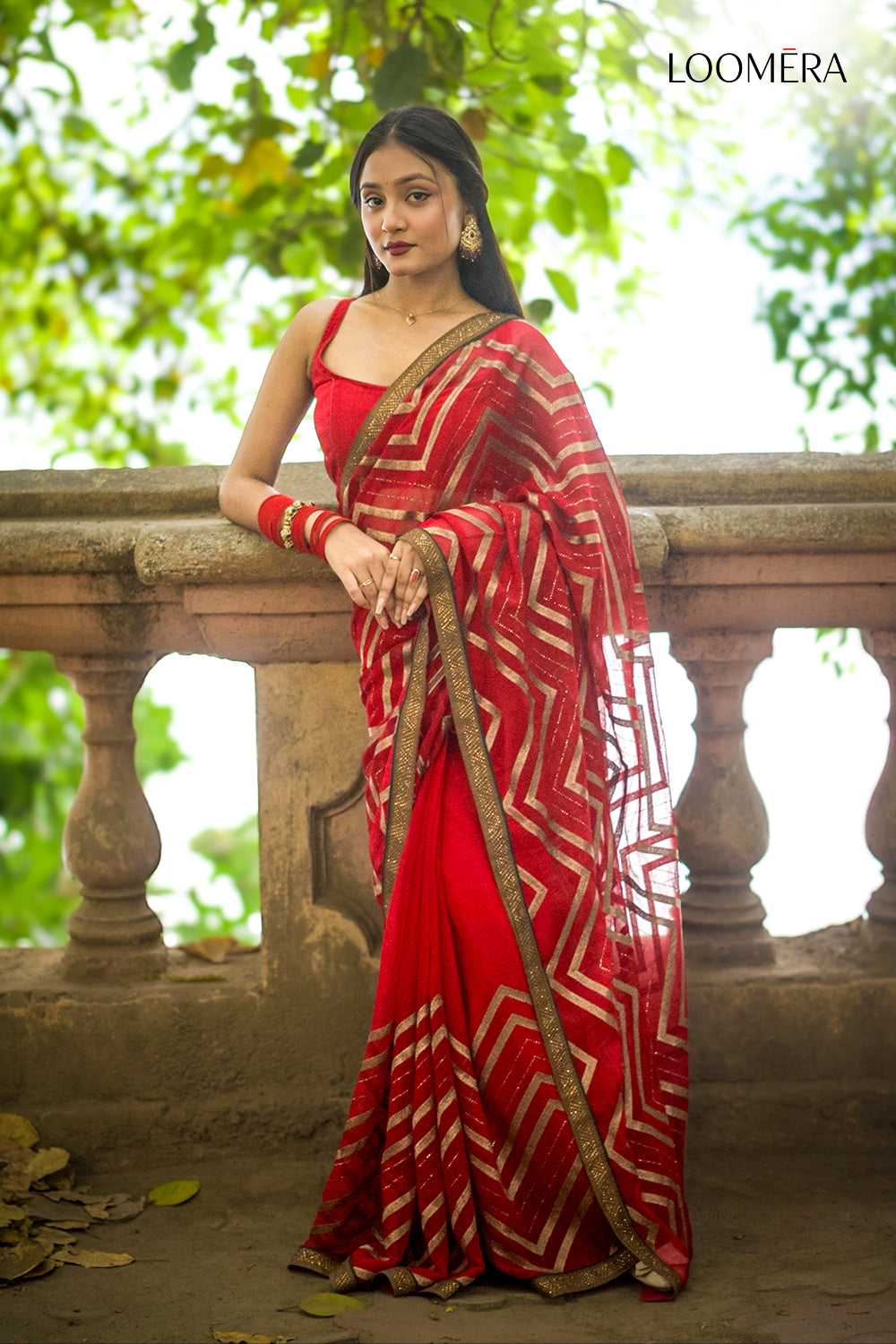 Red Organza Saree with Stone Border