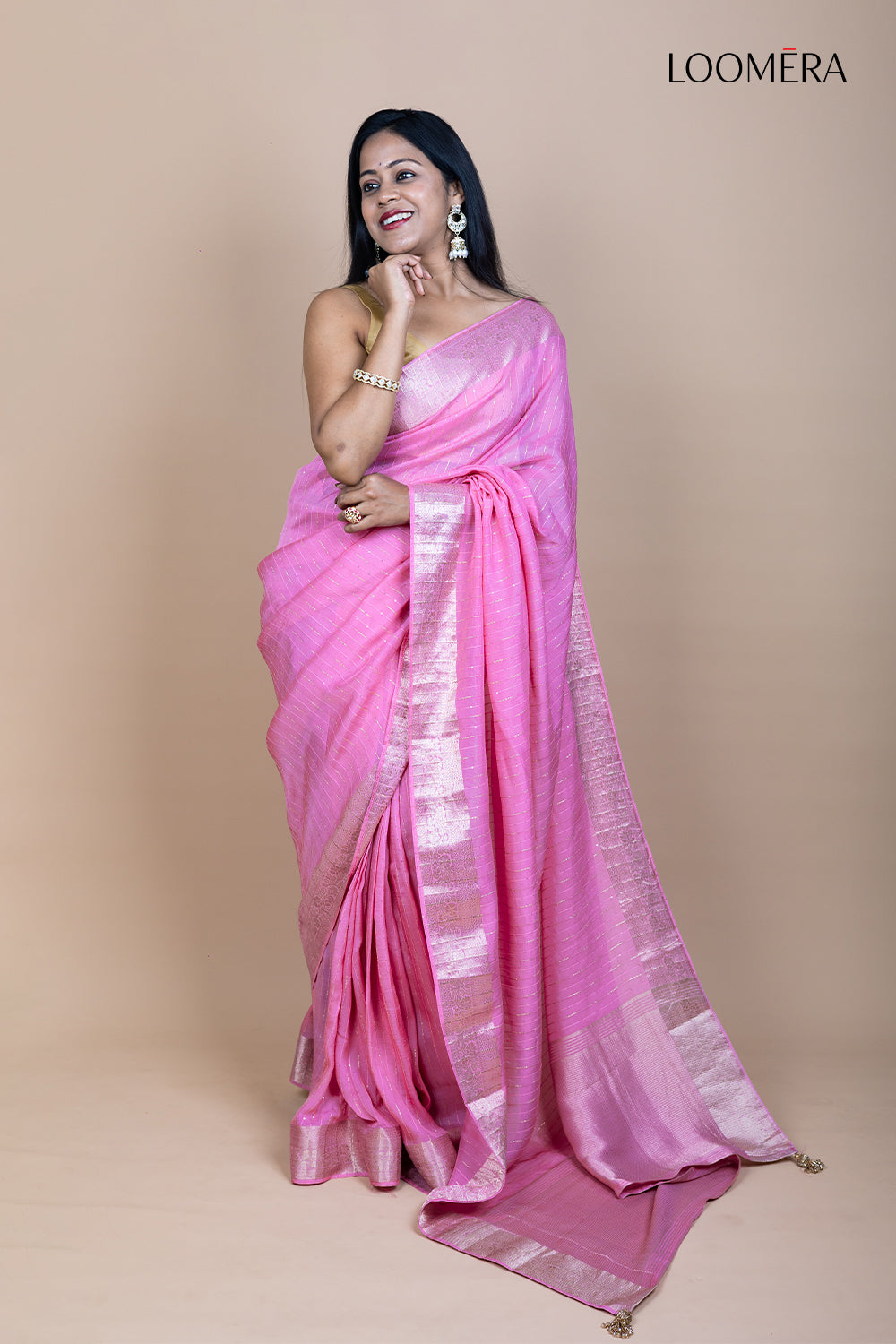 Rose Pink Sequined Line Saree