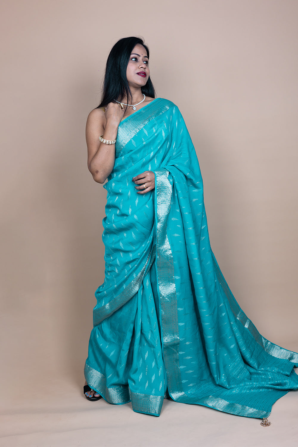 Royal Blue Satin Silk Saree with Intricate Golden Zari Border and Butta Design main image 0