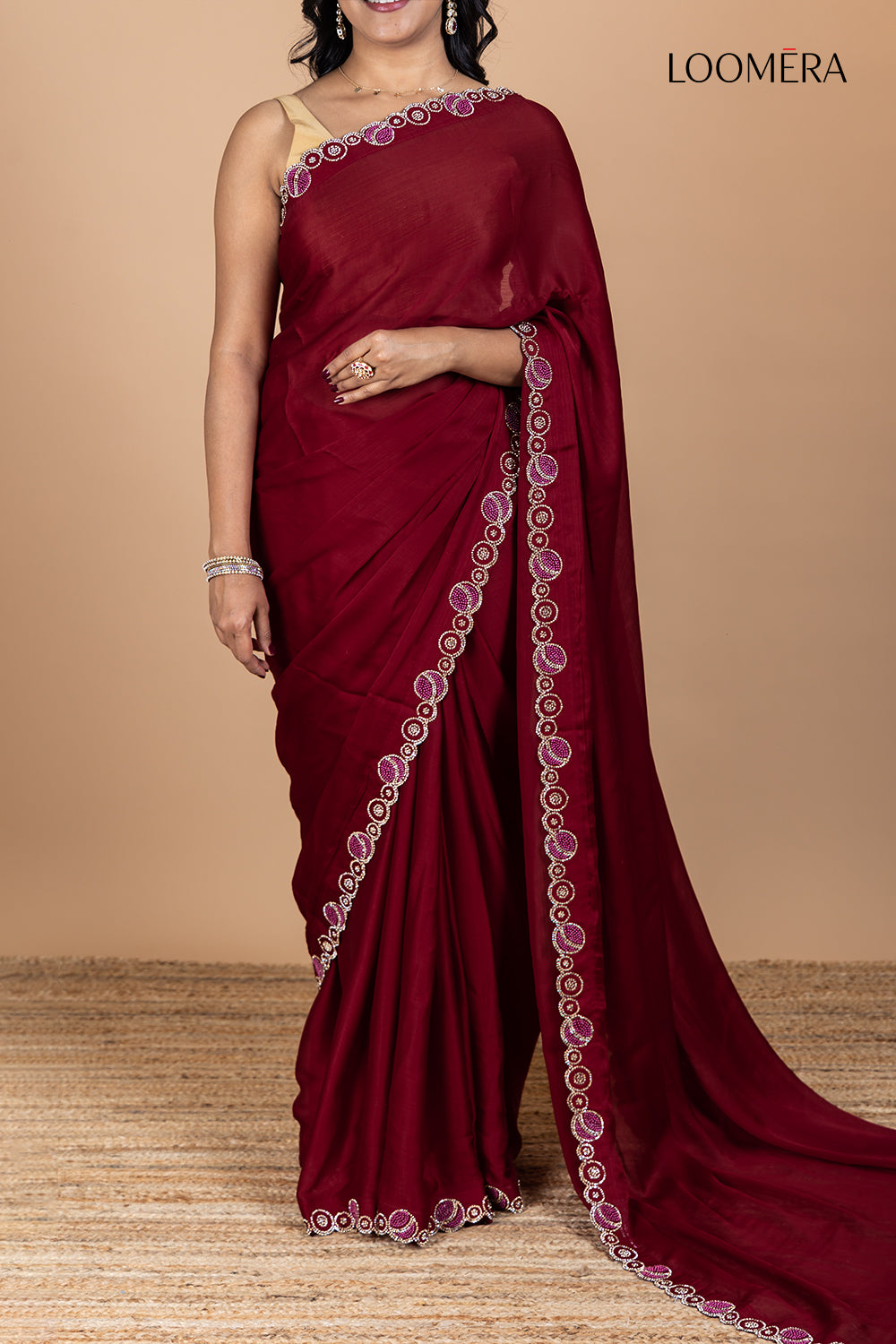 Rustic Red Plain Silk Saree with Stone Designed Border