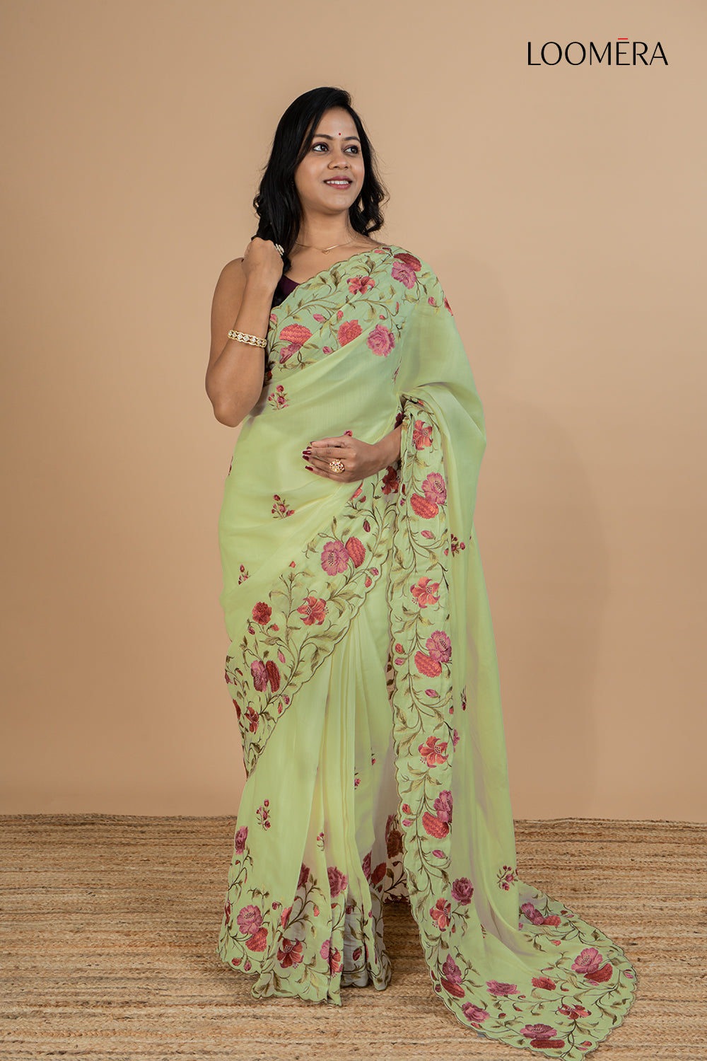 Sage Green Tussar Silk Saree with Scallop Border
