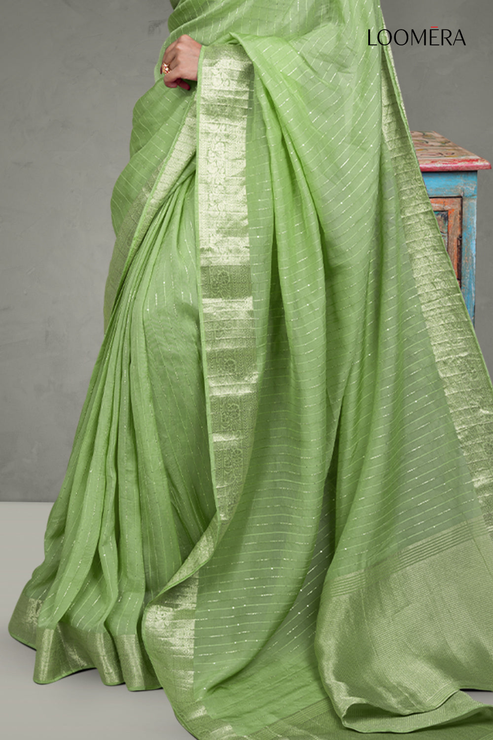 Sage Green Zari Border Saree