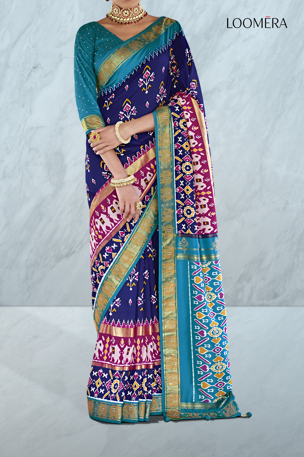 Sapphire Blue Patola Print Viscose Silk Saree