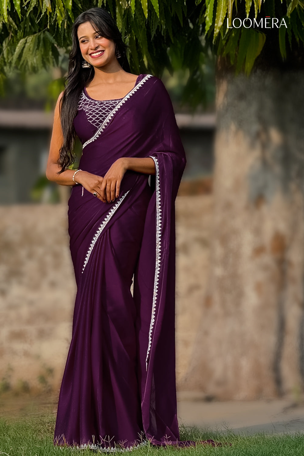 Satin Plum Purple Saree with Stone Work
