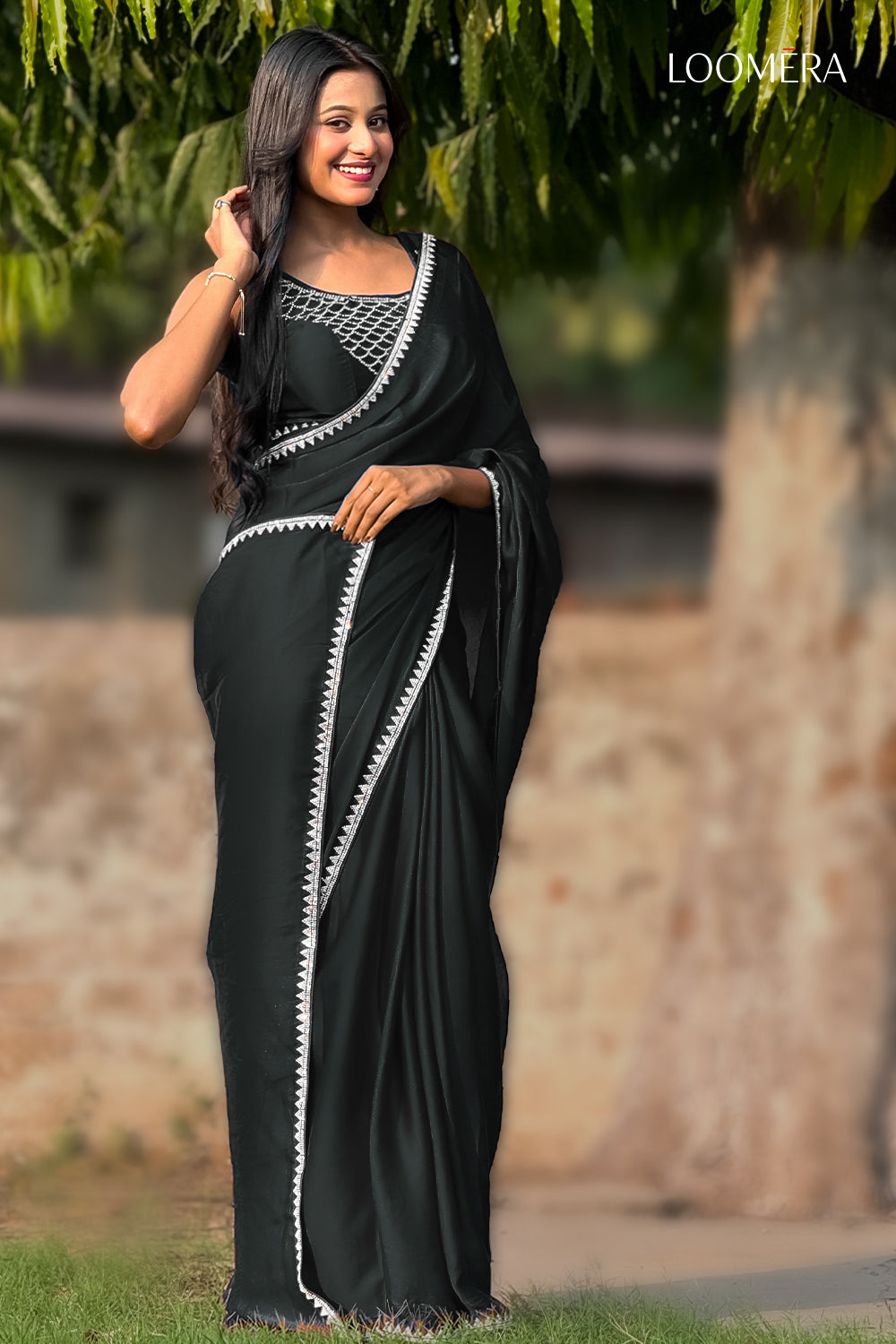 Satin Saree Black with Stone Work