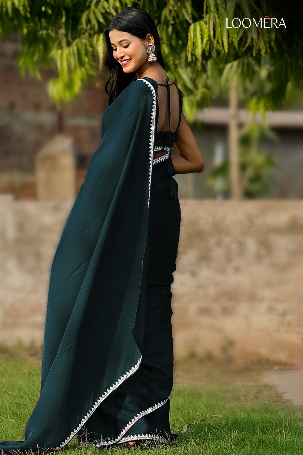 Satin Saree Dark Green